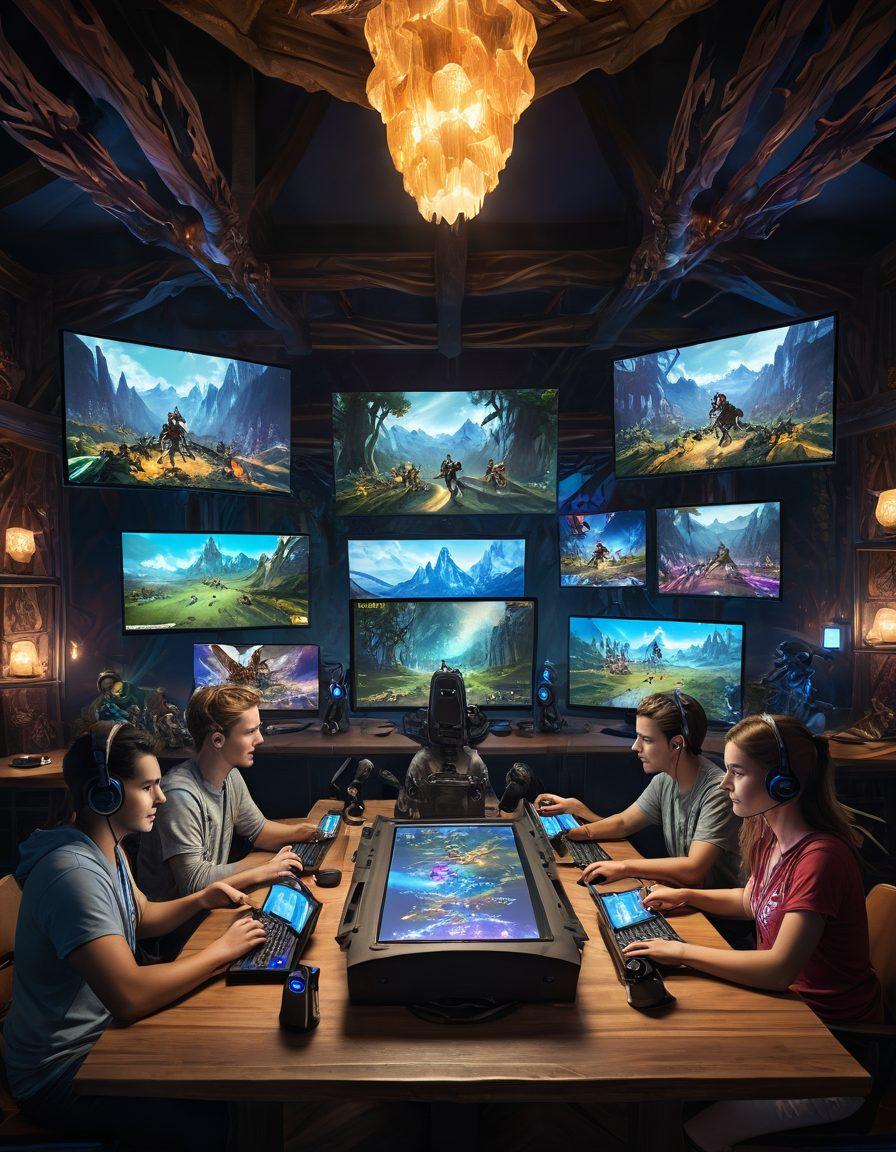 A dynamic scene depicting a diverse group of gamers immersed in an energetic online game with colorful in-game graphics around them. Include elements of fantasy and adventure, such as mythical creatures and rich landscapes displayed on their screens. Show excitement and camaraderie among the players, perhaps with virtual trophies or rewards floating above them. super-realistic. vibrant colors. immersive gaming environment.