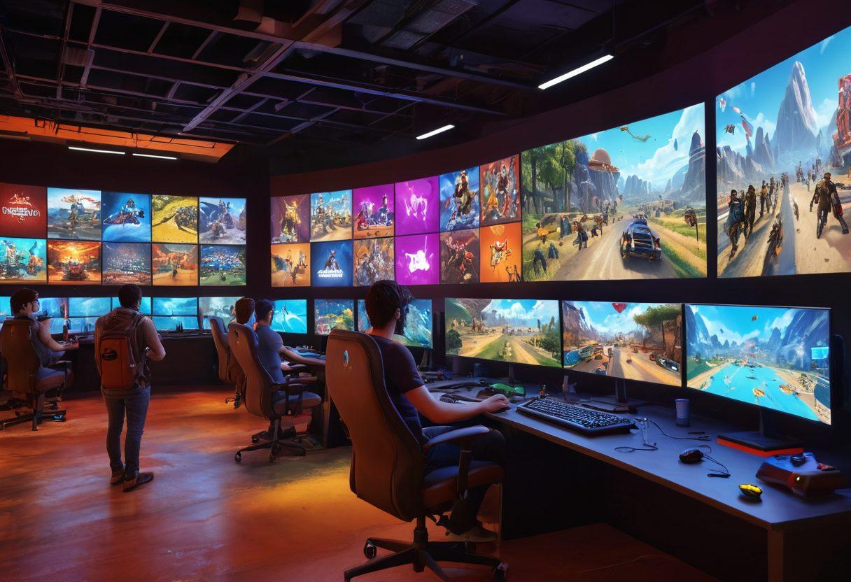 A vibrant scene depicting a lively gaming arena with players engaged in various multiplayer games, showcasing diverse characters, colorful avatars, and animated expressions. Include gaming consoles, laptops, and a large screen displaying a popular game leaderboard in the background. The atmosphere should feel energetic and inviting, emphasizing teamwork and fun. super-realistic. vibrant colors. 3D.